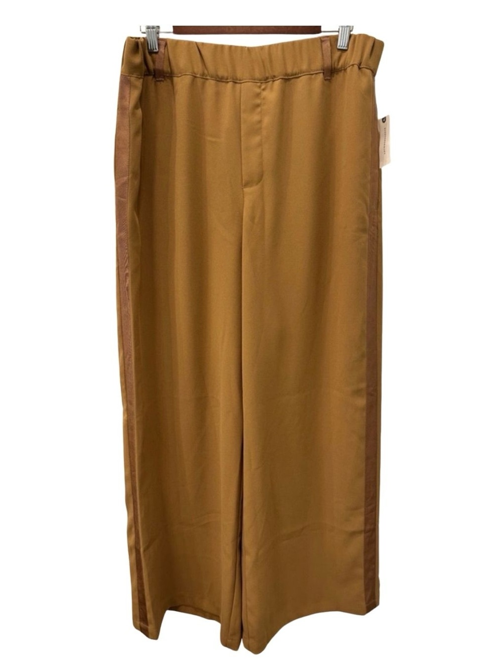 Anthropologie Wide-Leg Tux Track Pants grosgrain ribbon side stripe- camel gold